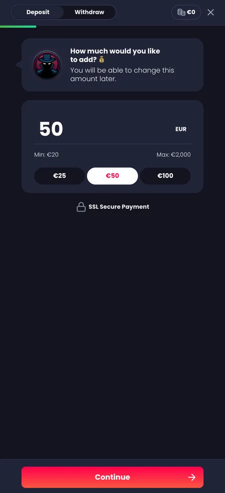 Entering deposit amount with quick-select options in cashier