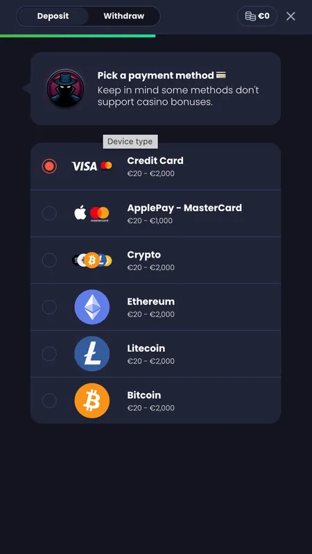 Incognito Casino cashier payment method selection