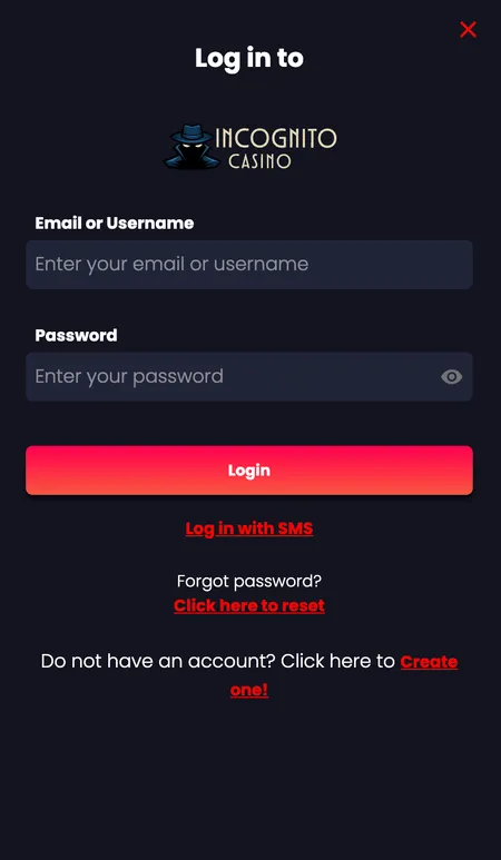Alternative login form showing reset password and SMS options