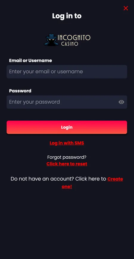 Incognito Casino login form on mobile