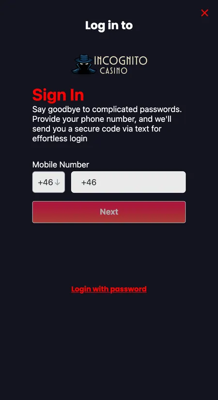SMS login form with country code and phone number