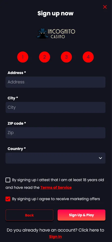 Registration step 4: address and terms