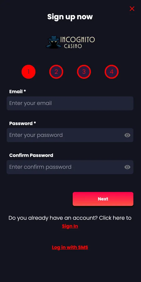 Registration step 1: email and password