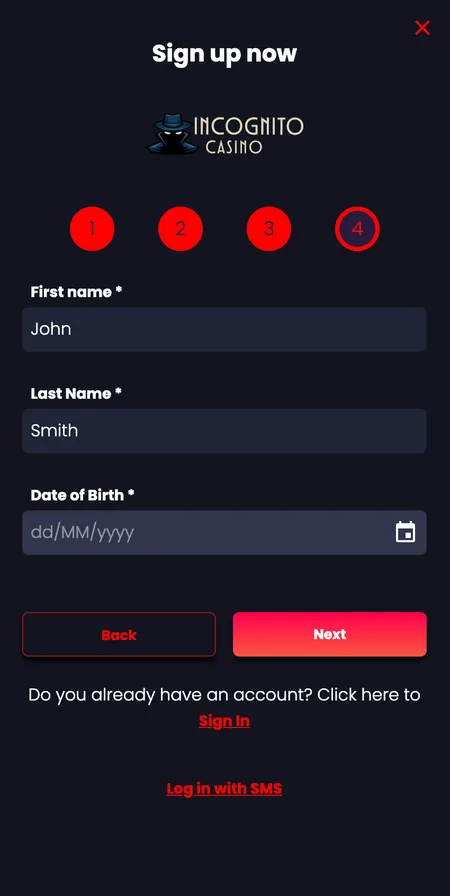 Registration step 3: name and date of birth